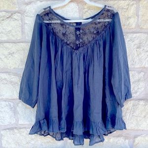 World Market cotton and lace boho navy blue top